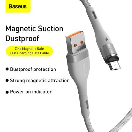 Кабель USB BASEUS Zinc Magnetic Safe, USB - MicroUSB, 2.1А, 1 м, белый, на магните - 6