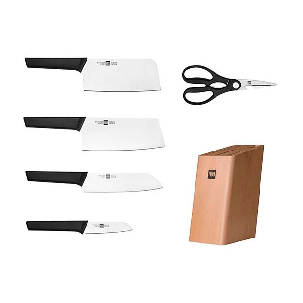Набор стальных ножей HuoHou 6-Piece Kitchen Knife Set Lite (HU0058) (4 ножа  ножницы  подставка из сосны) (Black) RU - 2